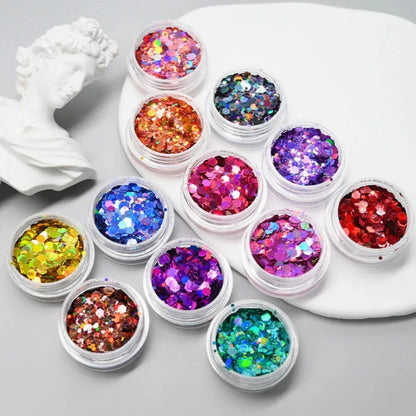 Assortment of laser holographic chunky nail glitters in various vibrant colors and sizes