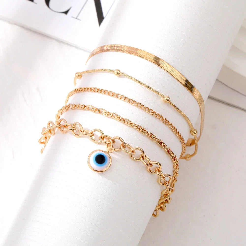 Stylish blue evil eye anklet bracelet made from durable zinc alloy with a delicate link chain and captivating design