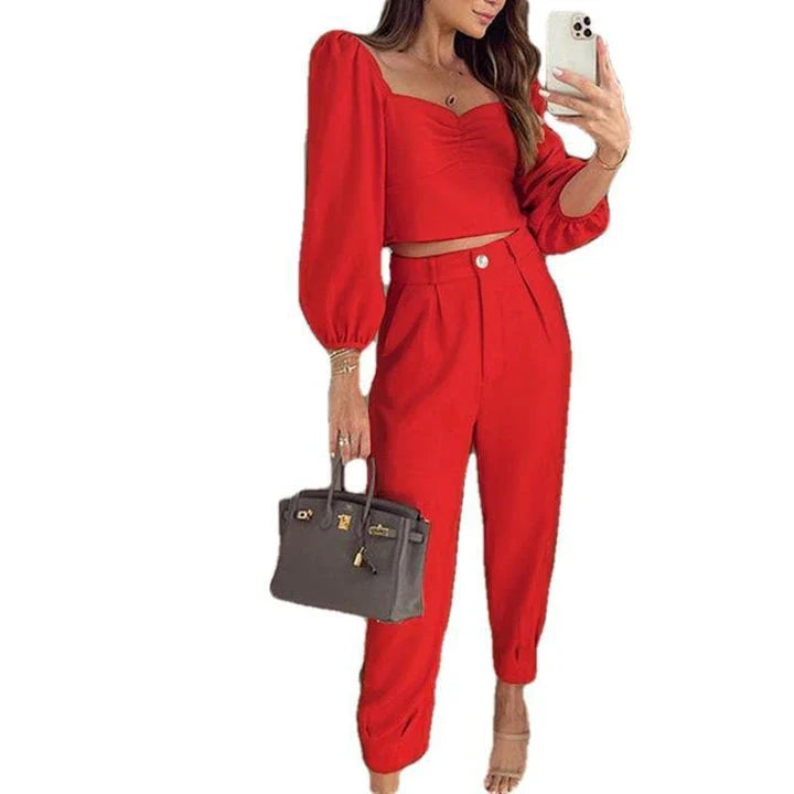 Fashionable two-piece set with square collar top and ankle-tie trousers in solid colours