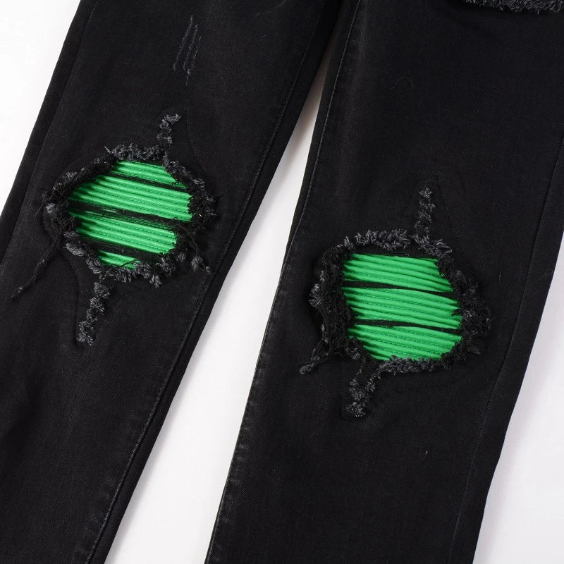 Men's Black Ripped Jeans with Green Patchwork Sustainable Fashion Design