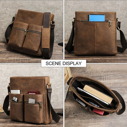 Premium retro leather messenger bag with single adjustable shoulder strap, multiple interior pockets, and classic coffee color for New Zealand men