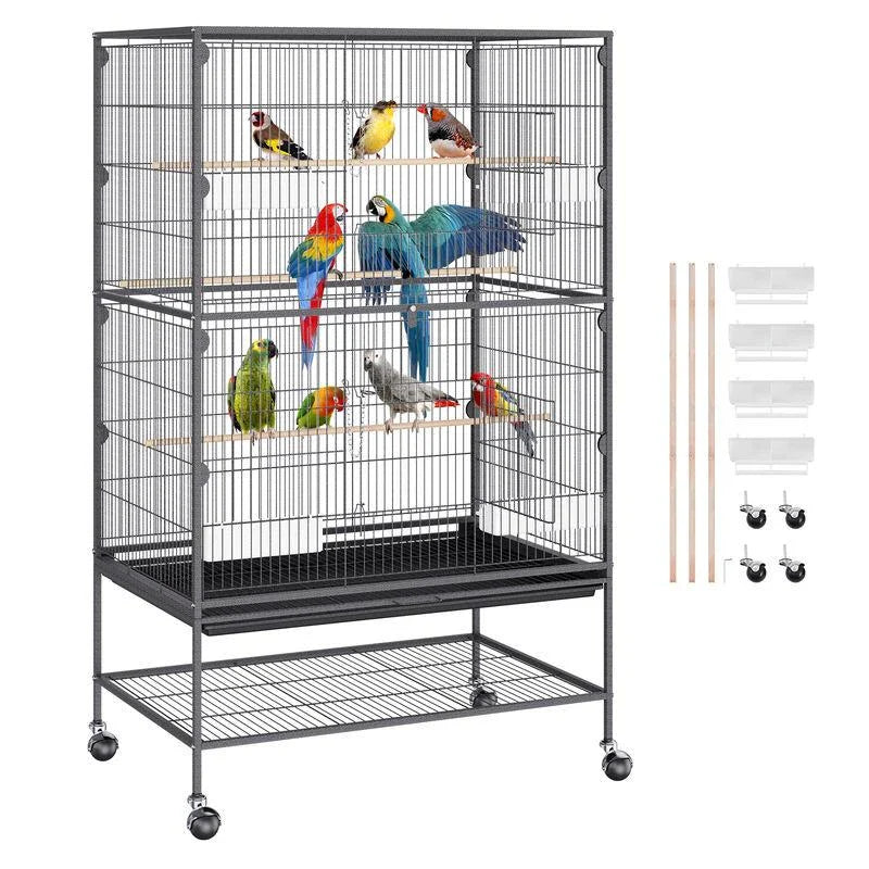 Spacious and secure large bird cage made of durable carbon steel with lockable wheels for easy mobility