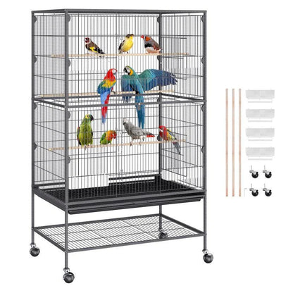 Spacious and secure large bird cage made of durable carbon steel with lockable wheels for easy mobility