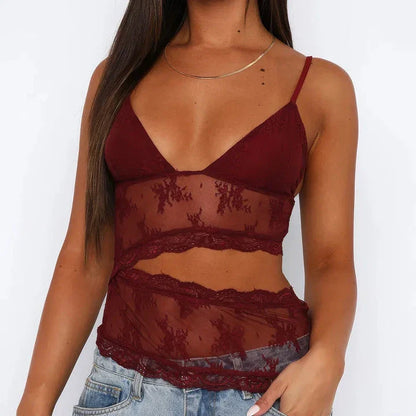 Stylish floral lace camisole with spaghetti straps and backless design, perfect for summer fashion