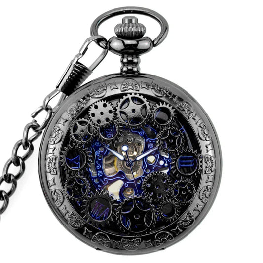 A vintage-inspired mechanical pocket watch with a blue flip-open cover and denim chain, a stylish accessory for the modern Kiwi.