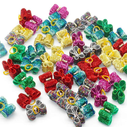 Glamorous glitter hair bows for dogs in a variety of sizes and designs