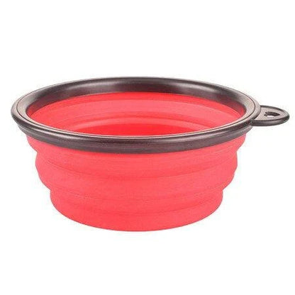 Foldable silicone dog bowl in red color, perfect for outdoor activities with Kiwi canine companions