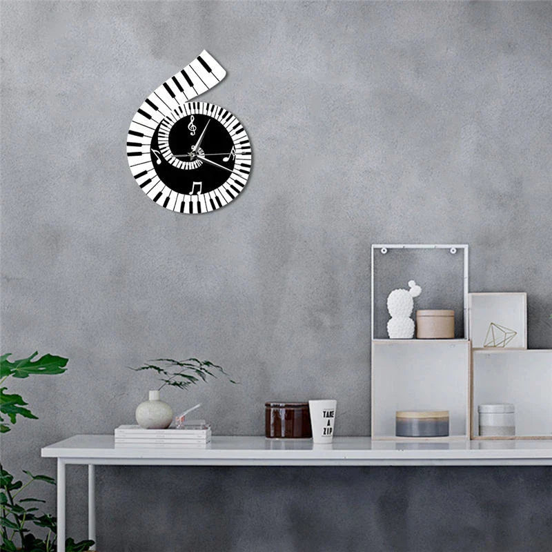 Unique wall clock with irregular shape, treble clef, piano keyboard, and musical notes decorative elements