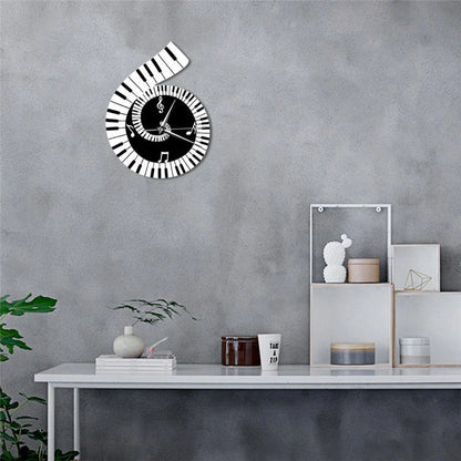 Unique wall clock with irregular shape, treble clef, piano keyboard, and musical notes decorative elements