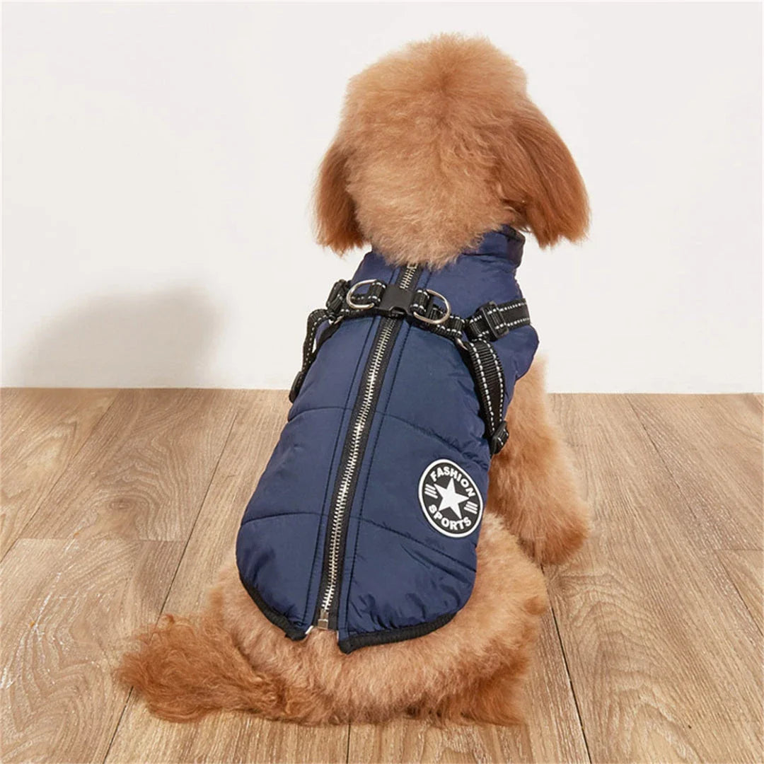 A stylish and practical waterproof dog coat with a built-in harness, designed to keep your pet warm, dry, and safe during outdoor activities.