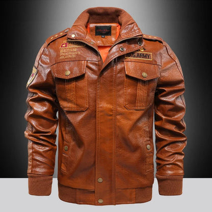 Premium PU leather jacket with stand-up collar and slim fit, available in brown, black, and army green colours