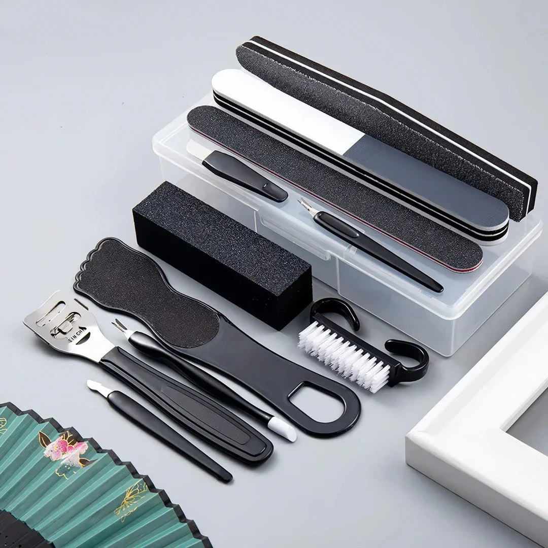 Black 12-piece pedicure care set with stainless steel and plastic tools for removing corns, calluses, and thick nails to leave feet baby-soft and smooth