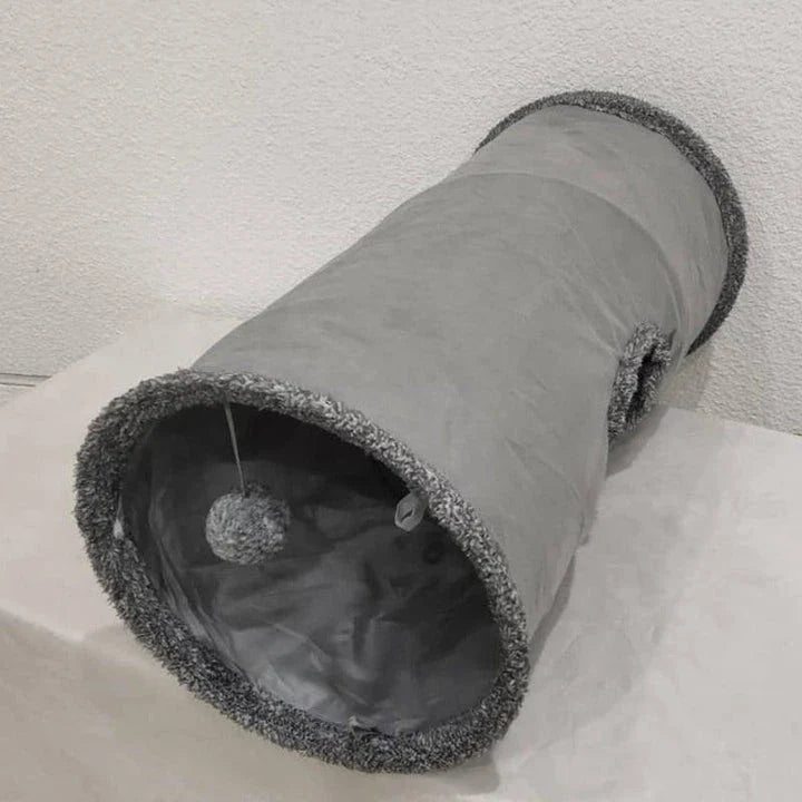 Collapsible cat tunnel toy made of soft, durable polyester fabric in gray color