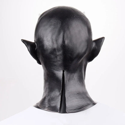 A black latex Halloween mask with intimidating bullhorns, perfect for a terrifying demon costume