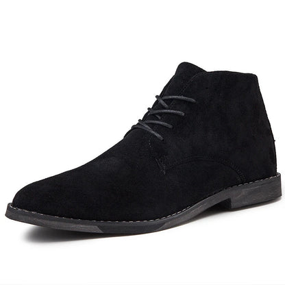 Trendy men's leather boots with a pointed toe and British-inspired design, featuring a front tie closure and a rubber sole for comfort and stability.