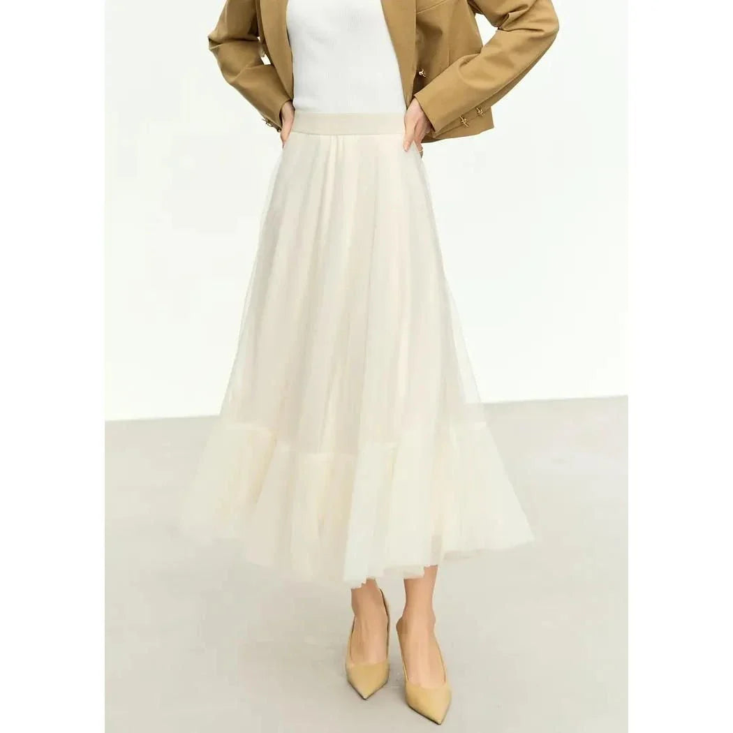 Elegant Fairy Gauze A-Line Skirt in Orange Beige and White, featuring a classic A-line silhouette and ankle-length design