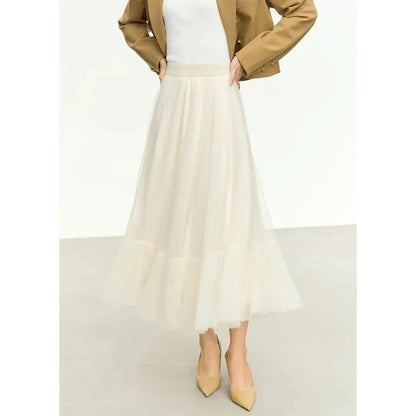 Elegant Fairy Gauze A-Line Skirt in Orange Beige and White, featuring a classic A-line silhouette and ankle-length design