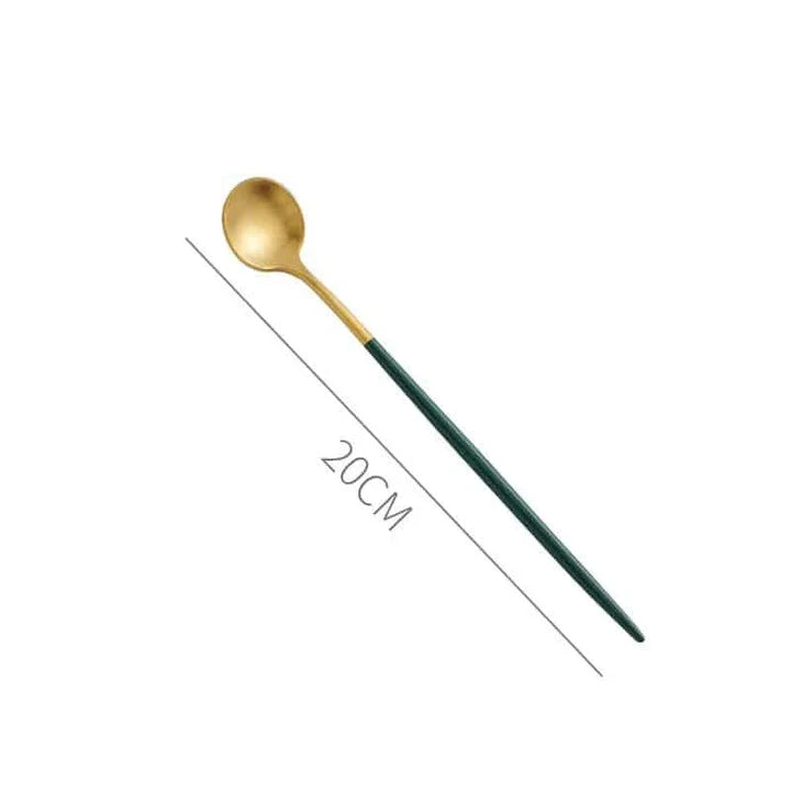 A set of eco-friendly, minimalist tableware in green and gold colors, suitable for 4 diners in a New Zealand home.