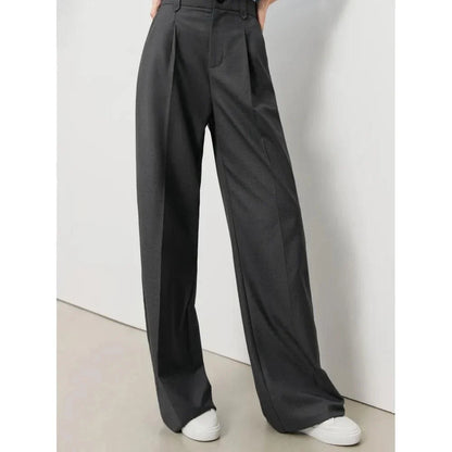 Versatile high-waist wide-leg grey trousers for Kiwi women, offering a chic and comfortable design.