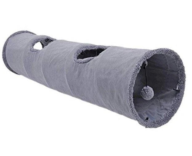 Collapsible cat tunnel toy made of soft, durable polyester fabric in gray color