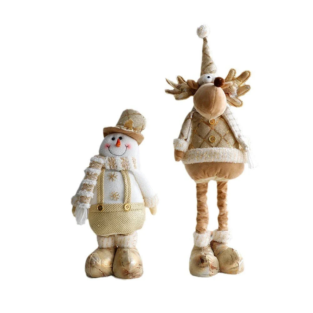 Retractable Christmas decorations featuring a snowman, reindeer, and elderly figure in a shimmering gold hue