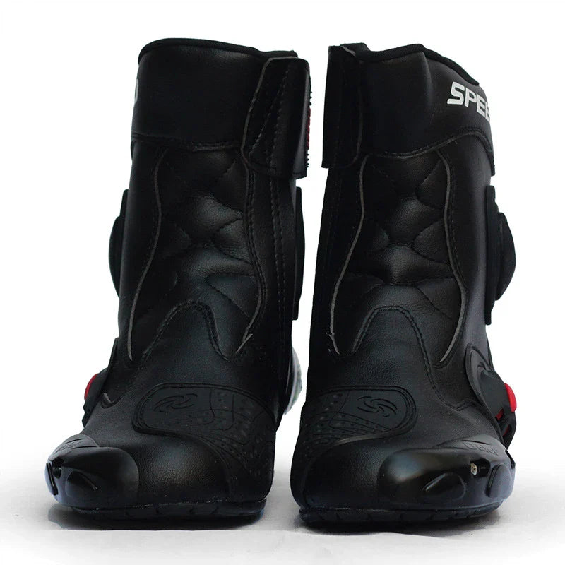 Motorcycle riding boots with reinforced toe and heel, slip-resistant construction, and adjustable straps for a secure fit