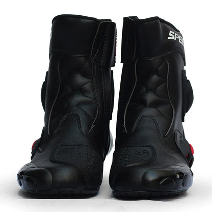 Motorcycle riding boots with reinforced toe and heel, slip-resistant construction, and adjustable straps for a secure fit
