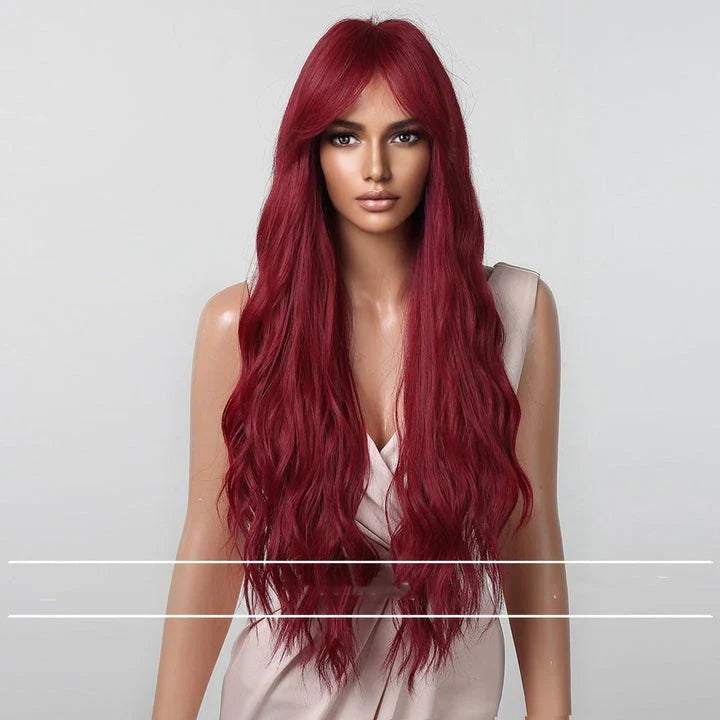 A vibrant rose red long curly wig with big, beautiful waves made with high-quality heat-resistant fibers for a captivating look.