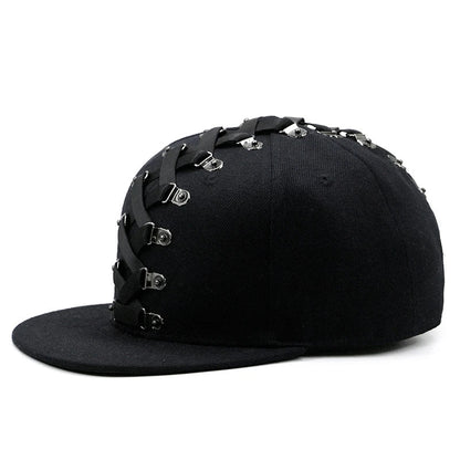 Stylish Punk Hip Hop Baseball Cap with Flat Brim, Adjustable Size, and Handcrafted Rivets