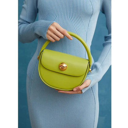 Luxury Fashion Round Handbag in Green with Crescent Shape and Ball-Inlaid Hardware