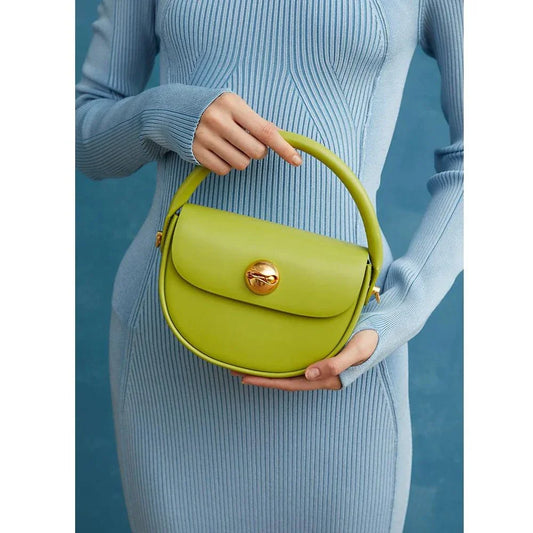 Luxury Fashion Round Handbag in Green with Crescent Shape and Ball-Inlaid Hardware