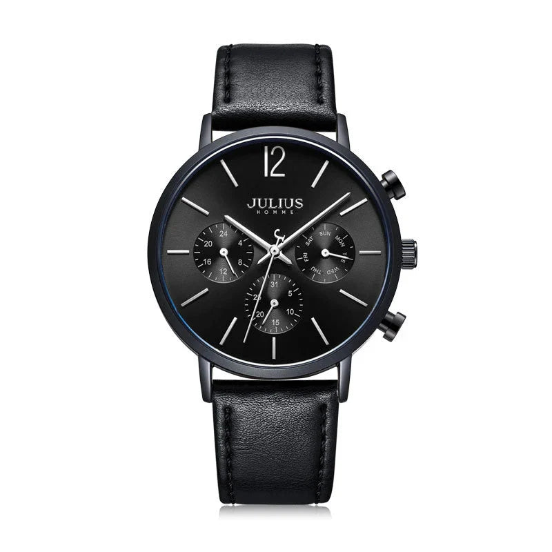 Stylish Multi-Function Quartz Waterproof Watch with a sleek design, durable mineral-reinforced glass, and comfortable leather strap