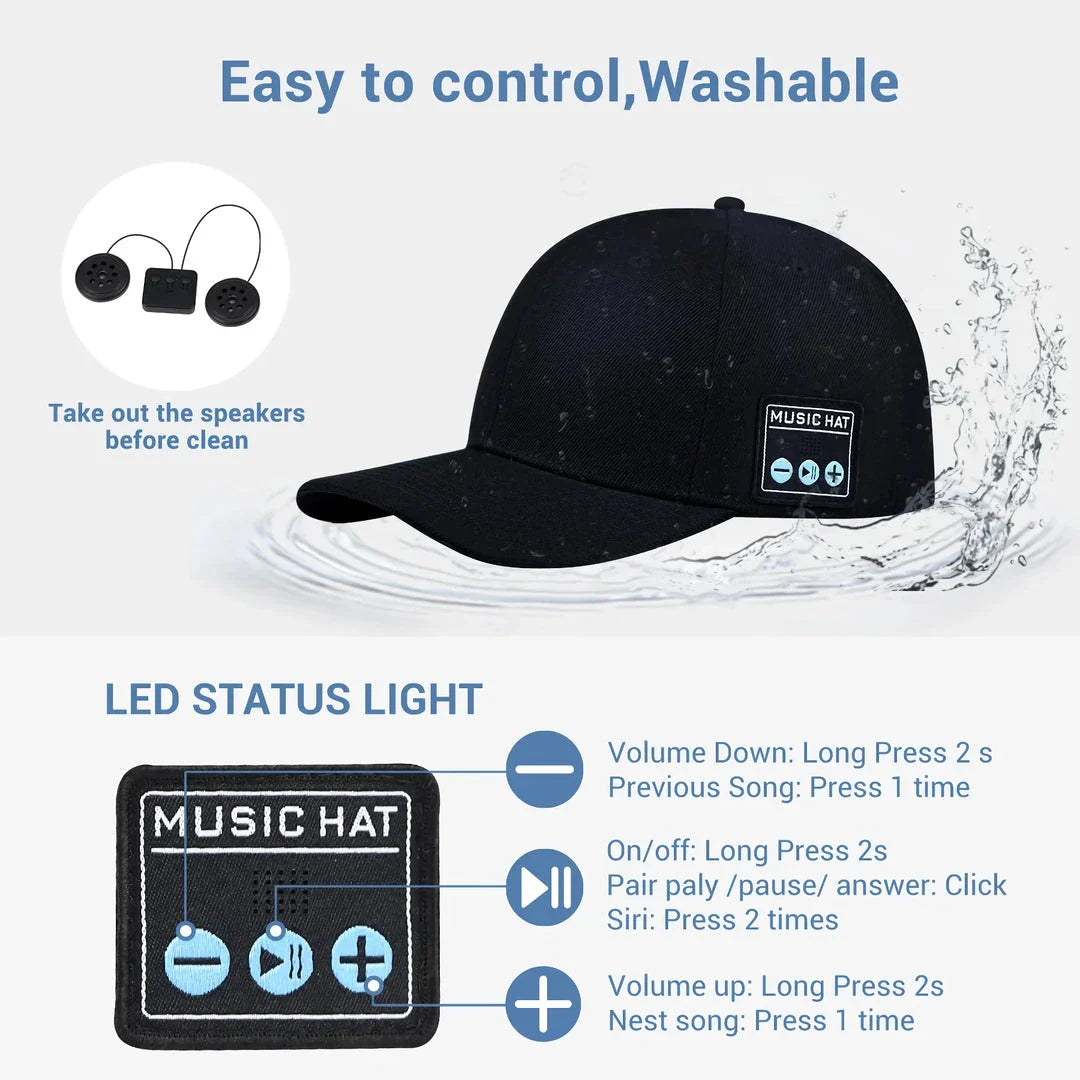 Wireless Bluetooth Speaker Cap with built-in microphone and adjustable fit for outdoor adventures