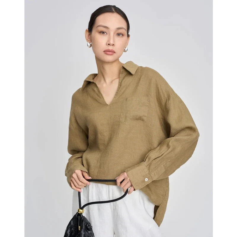 Breathable linen v-neck long sleeve shirt in khaki color, perfect for warm New Zealand weather