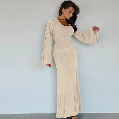 Women's U-Neck Dress with Lace-Up Back and Long Bell Sleeves in Assorted Colours