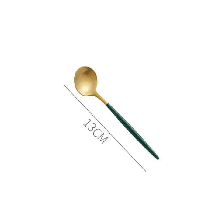 A set of eco-friendly, minimalist tableware in green and gold colors, suitable for 4 diners in a New Zealand home.