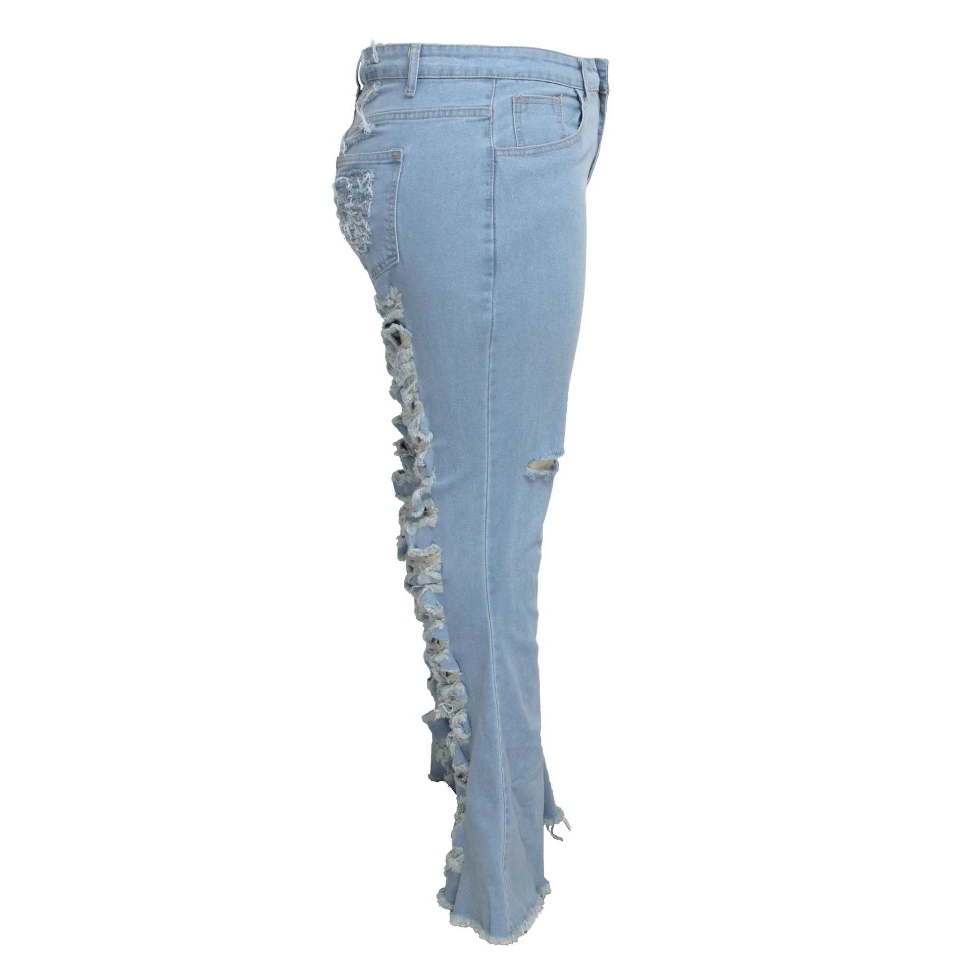 Stylish stretch denim flare jeans in black and light blue colors, featuring a high-waisted, bell-bottom design for a flattering, retro-inspired look.