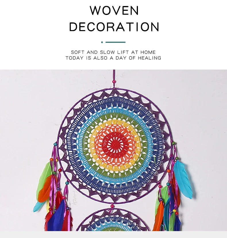 Vibrant, handcrafted dreamcatcher wall hanging with feathers, wood, and beads, adding a touch of Kiwi-inspired charm to any home.