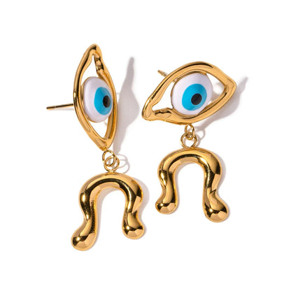 Pair of 18K gold plated stainless steel asymmetrical devil's eye earrings with vibrant, dripping oil-inspired finish