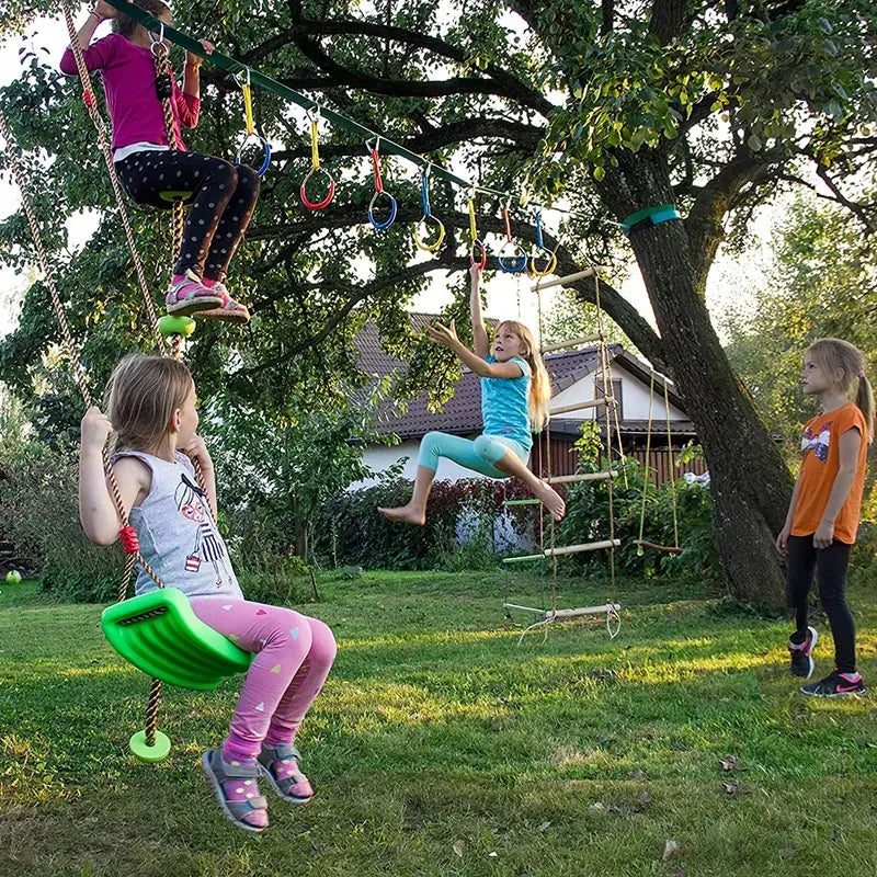 Adjustable Gymnastic Ring Swing for outdoor play and fitness, featuring vibrant colours and a durable, weatherproof design.