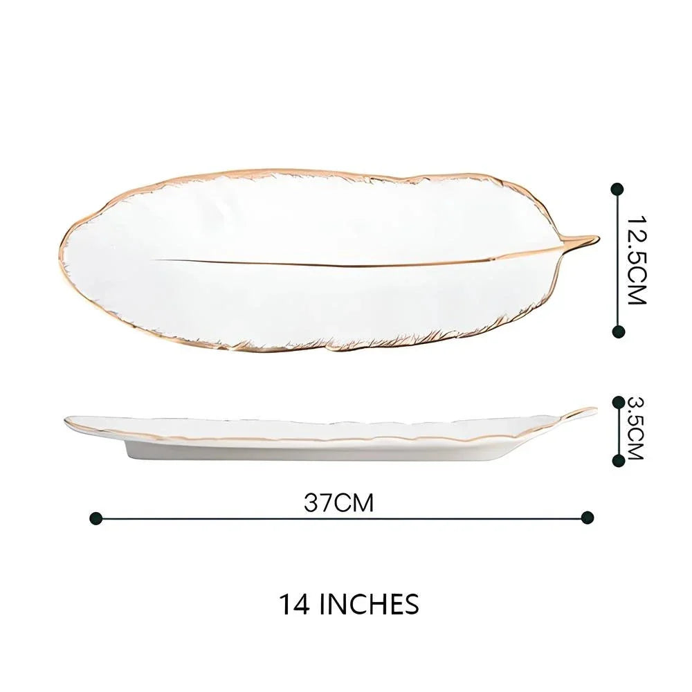 Elegant feather-shaped ceramic storage tray in white with hand-painted designs, perfect for serving, organizing, and decorating your Kiwi home