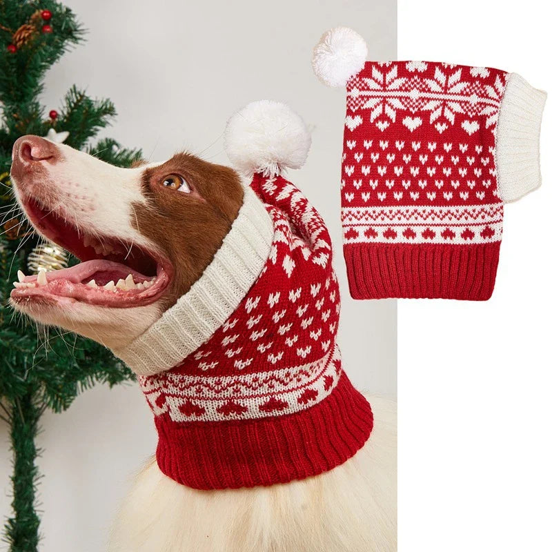 Cosy knitted pet hat with festive elk and snowflake design in various colours and sizes