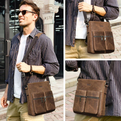Premium retro leather messenger bag with single adjustable shoulder strap, multiple interior pockets, and classic coffee color for New Zealand men