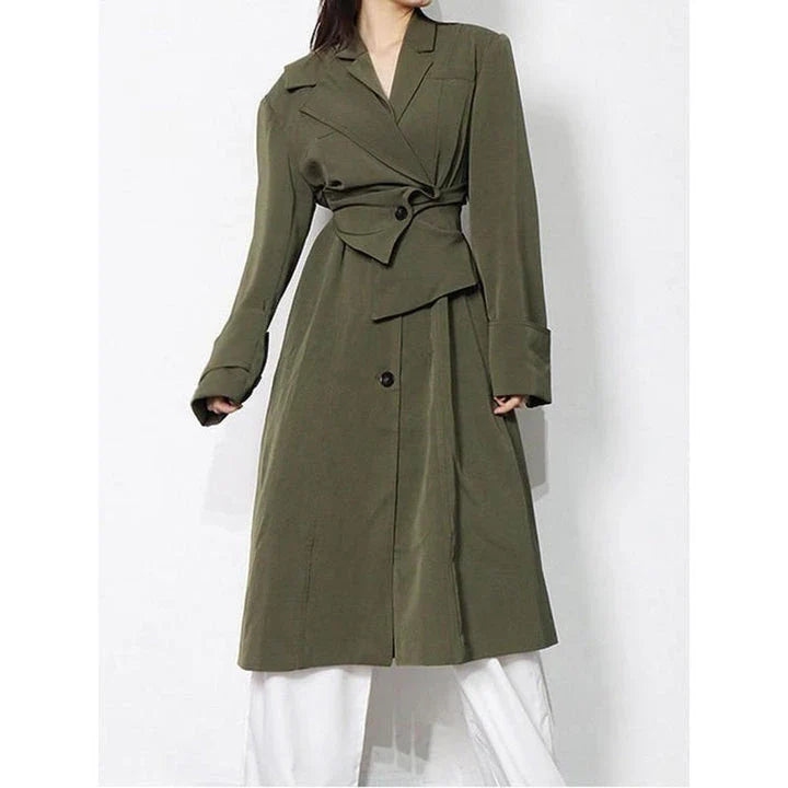 Elegant high-waist windbreaker trench coat for women, featuring a turn-down collar, single-breasted closure, and removable long sleeves.