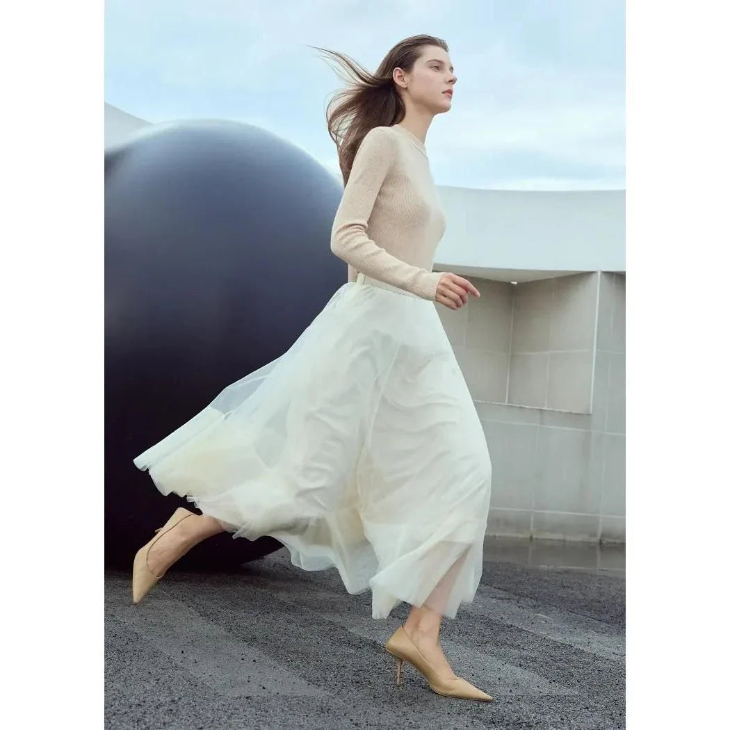 Elegant Fairy Gauze A-Line Skirt in Orange Beige and White, featuring a classic A-line silhouette and ankle-length design