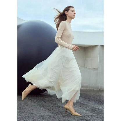 Elegant Fairy Gauze A-Line Skirt in Orange Beige and White, featuring a classic A-line silhouette and ankle-length design