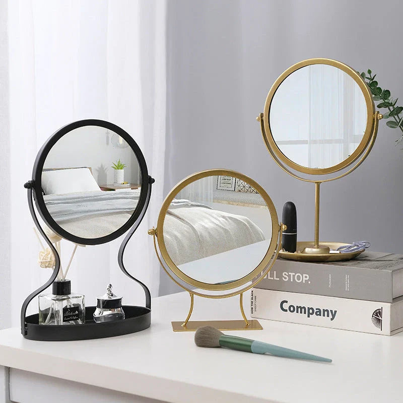 Elegant metal vanity mirror with polished silver mirror and built-in jewelry storage compartments