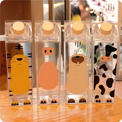 Reusable water bottles featuring adorable cartoon animal designs in vibrant colours, perfect for eco-friendly hydration on the go.