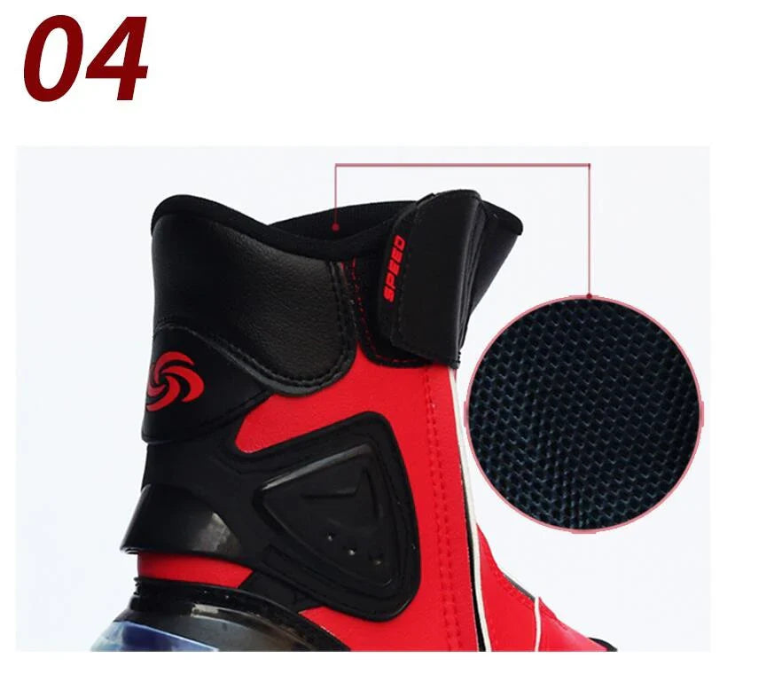 Motorcycle riding boots with reinforced toe and heel, slip-resistant construction, and adjustable straps for a secure fit