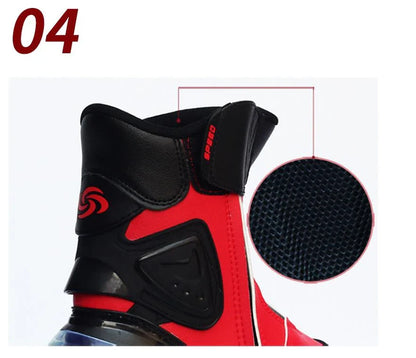 Motorcycle riding boots with reinforced toe and heel, slip-resistant construction, and adjustable straps for a secure fit